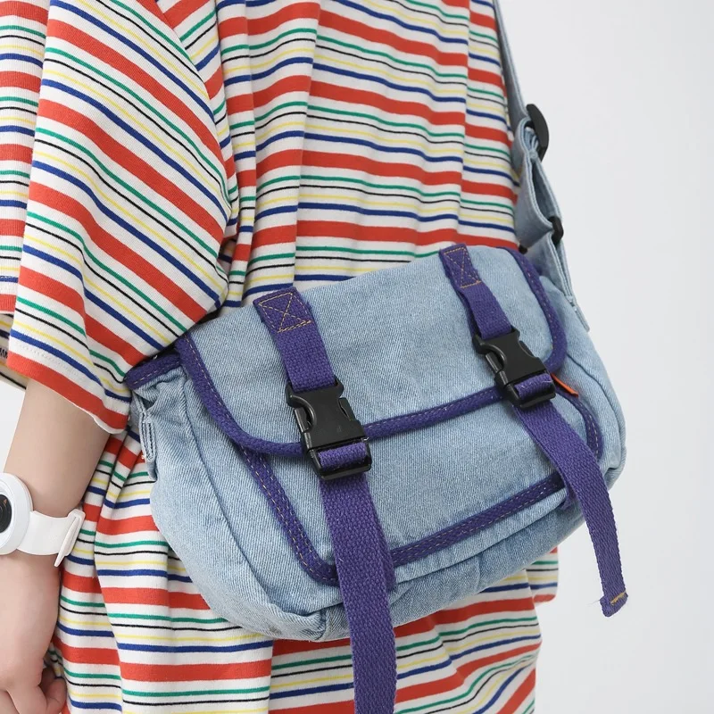 

Cool Denim Shoulder Bag Fashion Design Satchels Crossbody Bag Soft Vintage Flap Buckle Casual Hit Color Unisex For Men Women