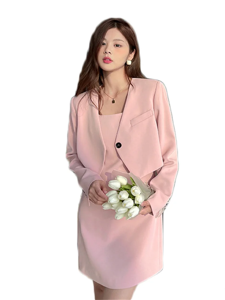 Sets Women Short Blazer and Sling Dress Two Piece Suits 2022 Summer New Fashion Temperament Office Lady Slim Long Sleeve Tops