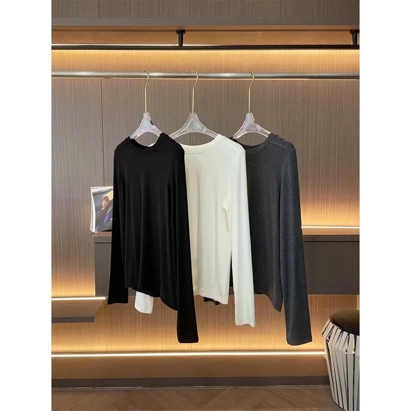 TR Wool Silk T-Shirt Round Neck Long Sleeve Autumn/Winter Straight-Leg Slims Women's Clothing Soft Comfortable Crew Top |