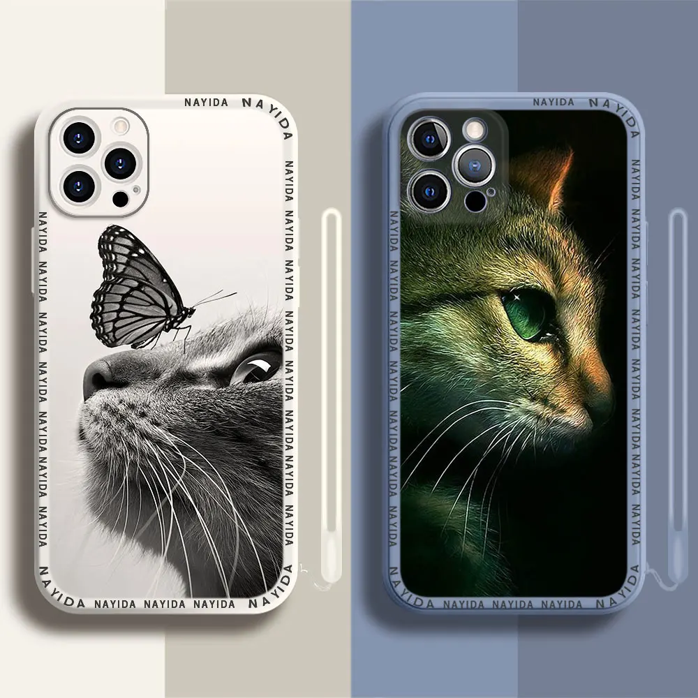 

Phone Case For iPhone 14 13 11 12 Mini Pro Max XS XR X Soft Silicone TPU Cover Butterfly Stand On Cat Nose
