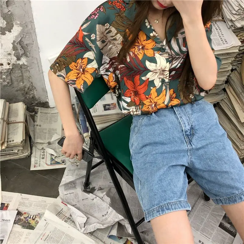 Summer Y2K Casual Printed Vintage Shirt Women Clothing V-neck Short Sleeve Chic Blouse Tops Female Thin Floral Harajuku Tops enlarge