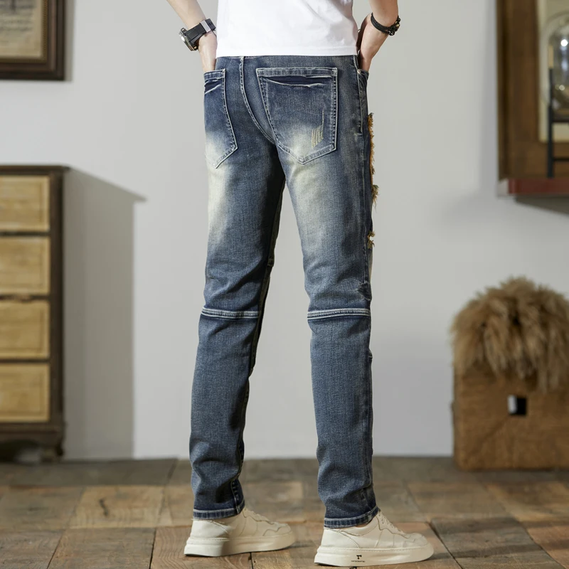 Джинсы мужские зауженные на молнии рваные прямые брюки в стиле ретро эластичные