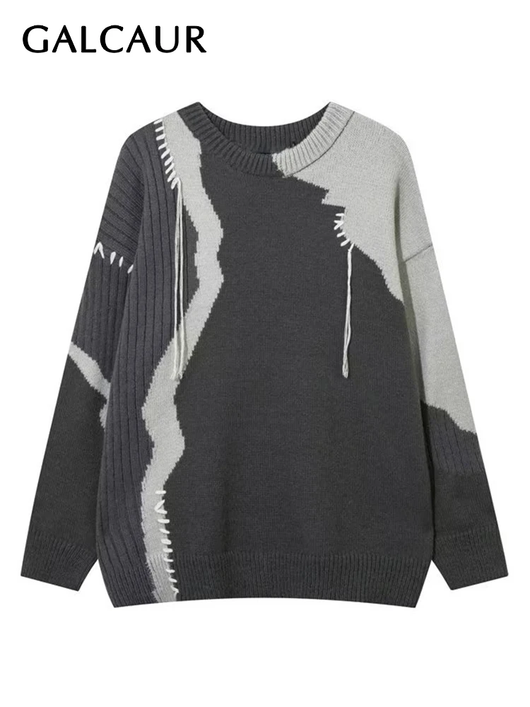 

GALCAUR Vintage Patchwork Sweaters For Women Round Neck Long Sleeve Autumn Casual Colorblock Knitting Pullover Sweater Female