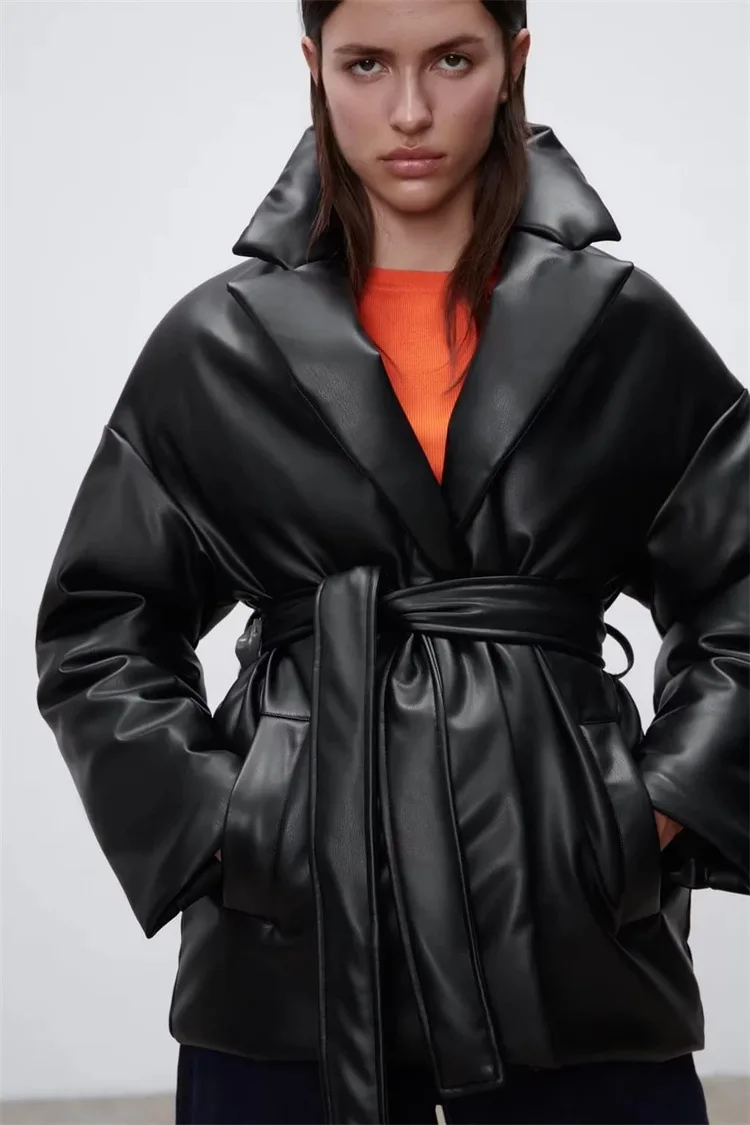 

Autumn and Winter Women's Fashion Imitation Leather Blazer Padded Coat Loose Belted Coat Long-sleeved PU Jacket