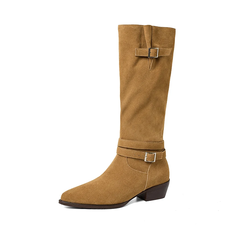 Сапоги женские SmallHut New Trend осенне-зимние из коровьей замши, коричневые, хаки, шоколадные, на среднем каблуке, с острым носком, без застежек (art.: 3920dd06c3fa8) - 3920dd06c3fa8