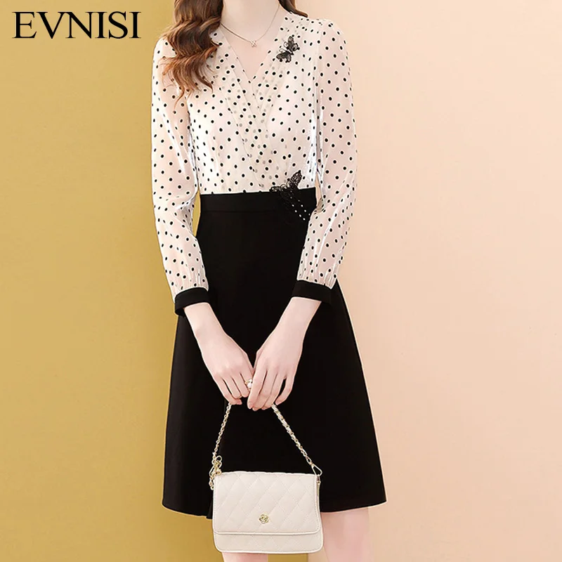 

EVNISI French V-neck Polka Dot Print Patchwork Dress Fake Two Pieces A-line Women Dresses Spring 2022 New Office Lady Vestido