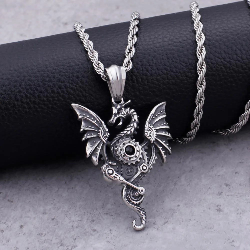 

Punk Hip Hop Gear Flying Dragon Necklace Stainless Steel Mechanical Animal Pendant Necklace for Men Women Steampunk Jewelry Gift