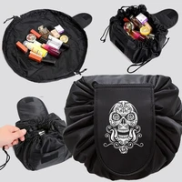women drawstring cosmetic bag organizer travel storage shoulder bag make up pouch large capacity beauty case skull series