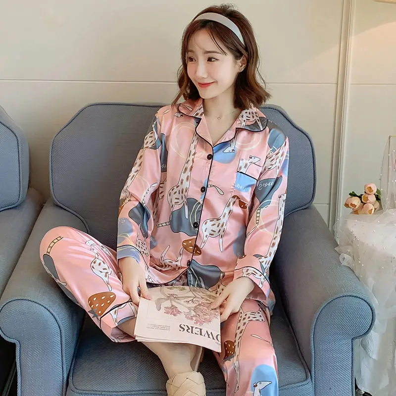 Fashion Women's Pajamas Set Simulated Silk Thin Long Sleeve Trousers Korean Fashion Autumn Cardigan Home Wear Plus Size Cheap