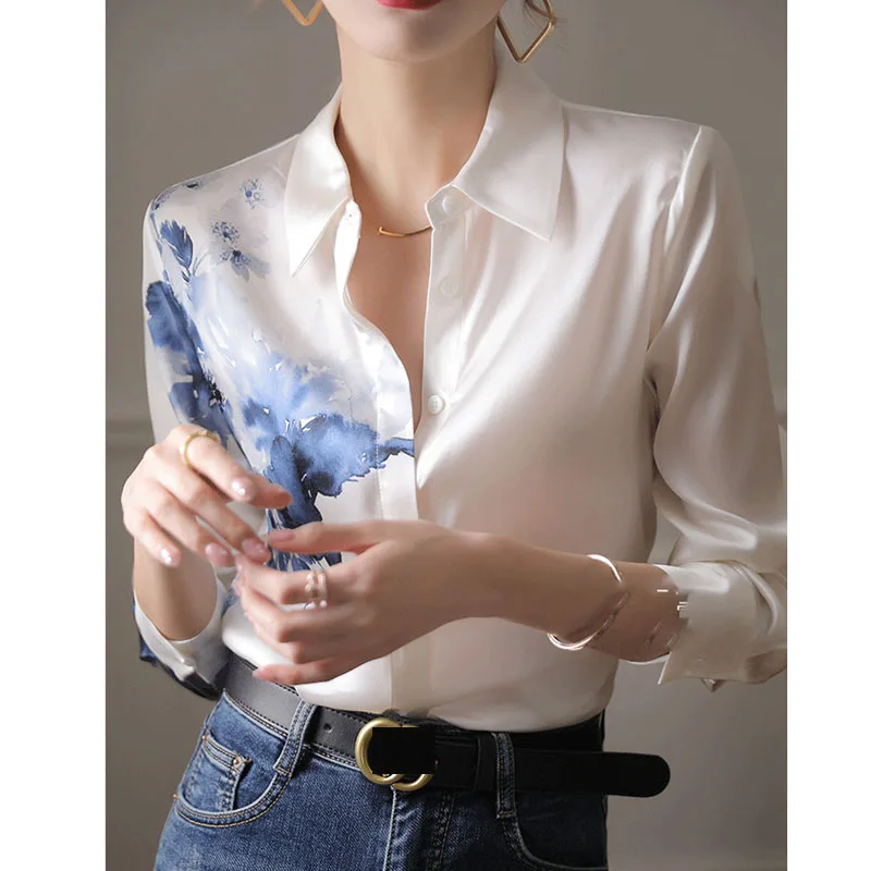

Vintage Print Chiffon Satin Shirt Women Button Up Long Sleeve Women Slim Blouse Summer Korean Style Loose Casual Shirts 21807