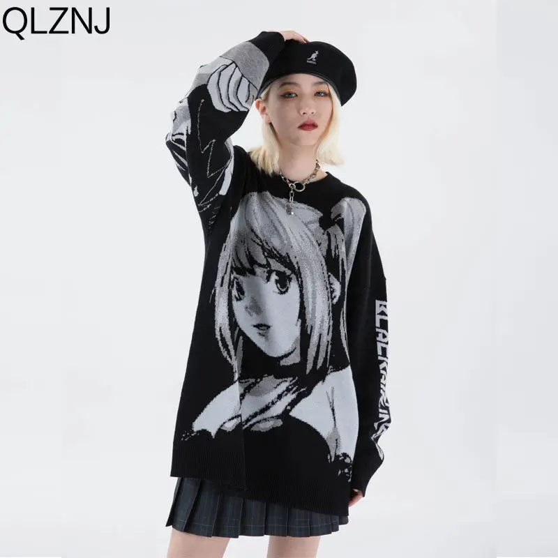 Anime Girl Sweater Men Y2k Clothes Streetwear Pullover Harajuku Vintage Jumpers Hip Hop Casual Loose Black Knitted Sweaters Top