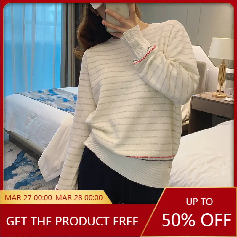 

High Quality Korean TB Academic Knit Dotted Stripe Contrast Loose Casual Versatile V-neck Pullover Long Sleeve Top Autumn Women