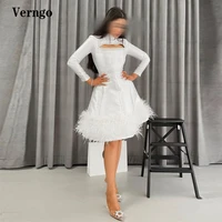 verngo white satin long sleeves prom dresses high neck beads feathers hem skirt a line knee length cocktail dress party gown