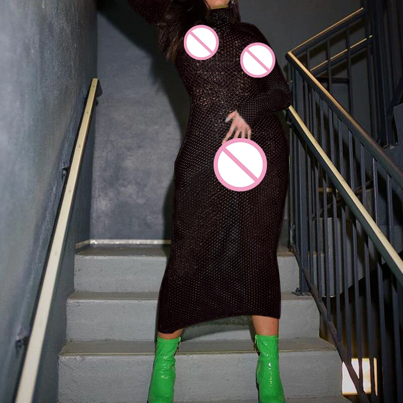 Женское ажурное платье с длинным рукавом прозрачное длинное круглым вырезом