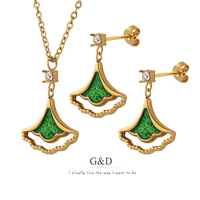 gd 2pcsset vintage green crystal ginkgo leaf pendant choker necklaceearrings gold color stainless steel jewelry for women