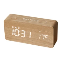 alarm clock led digital wooden usbaaa powered strap temperature humidity voice control snooze electronic desk clock