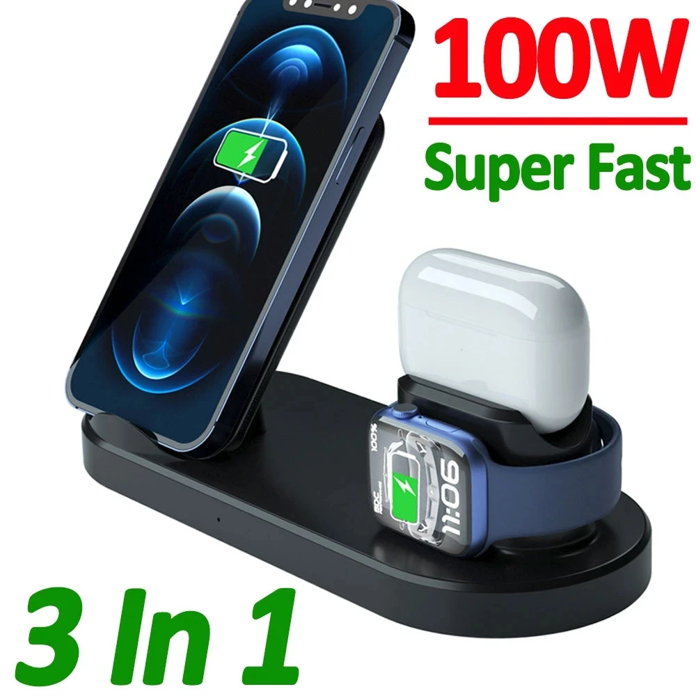 

Беспроводное зарядное устройство 3 в 1, 100 Вт, подставка, док-станция для быстрой зарядки для iPhone 14 13 12 11 X XR 8 Apple Watch 8 7 6 iWatch Airpods Pro