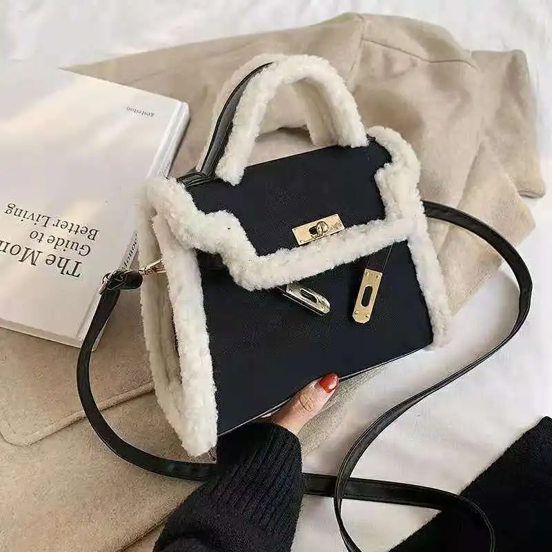 

Autumn Winter Cashmere Kelly Bag Suede Stitched Frosted Plush Handbag High Sense Brand Design Retro Fashion Versatile Waist Bag