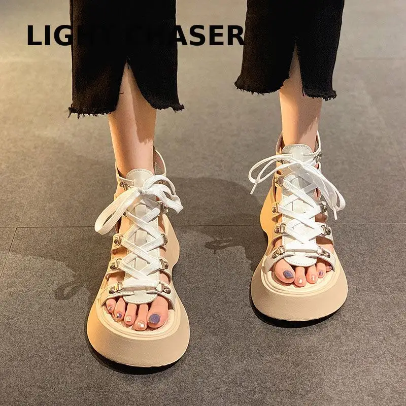 

Flat-bottomed Open-toe Strappy Sandals Women's 2022 Summer New High Tube Platform Roman Shoes Thick Bottom Casual Beach Shoes