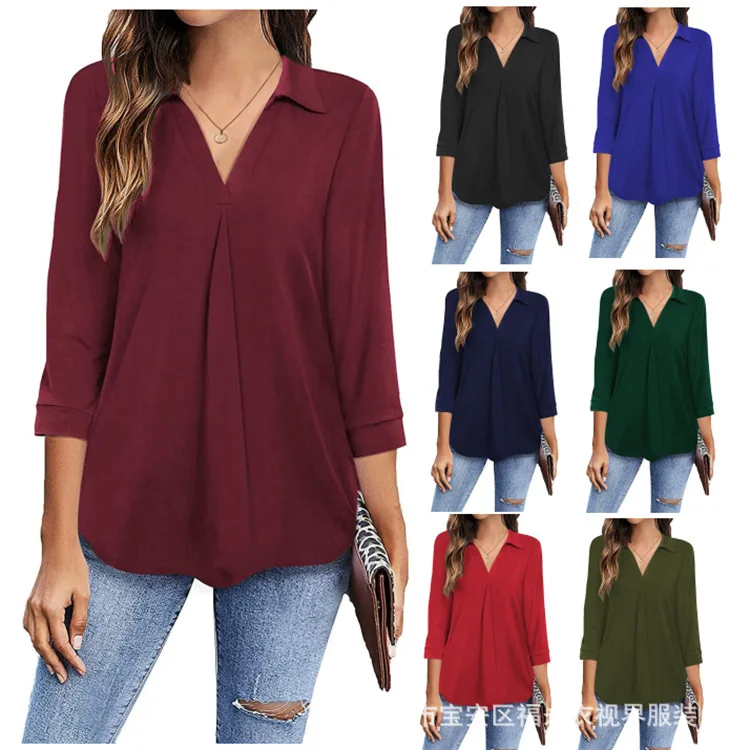 

Spring/Summer 2023 New Women's Pullover V-neck Top Solid Loose Shirt