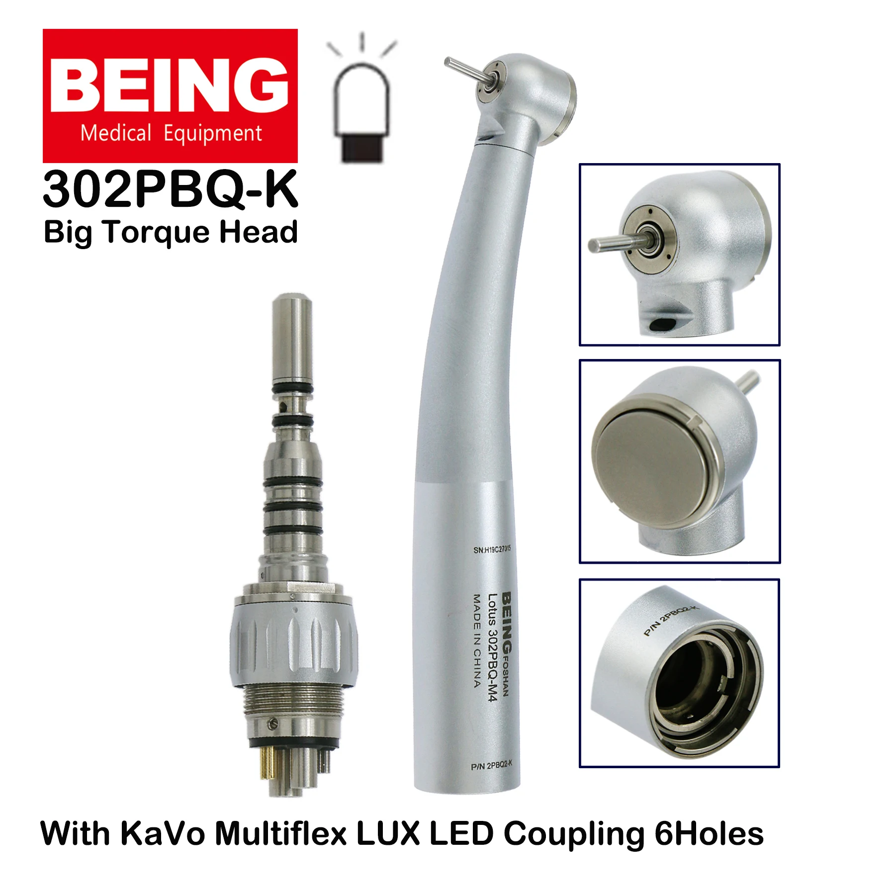 BEING Dental LED Fiber Optic High Speed Air Turbine Big Torque Handpiece 302PBQ-K With KAVO MULTIflex LUX Coupling 6Holes 6Pin