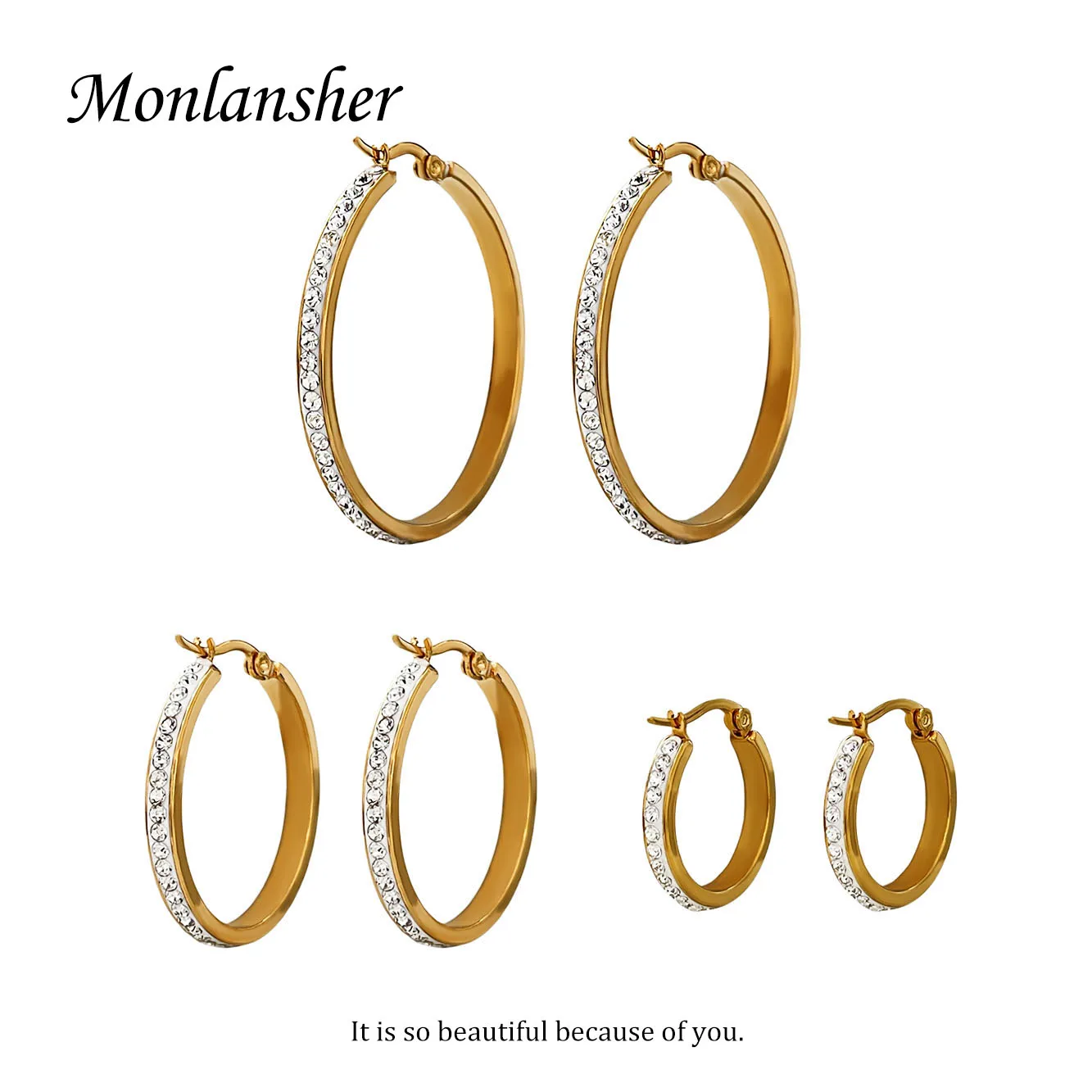 

Monlansher 20/30/40mm Geometric Round Paved Rhinestone Hoop Earrings Minimalist Daily Stainless Steel Earrings Jewelry for Women