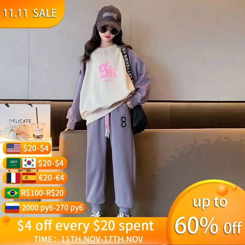 

Autumn Girls Casual Sweatshirt Set New Junior Children Fashion Splicing Printed Letter Tops Sweatpants Spring Trend 5 to 16T