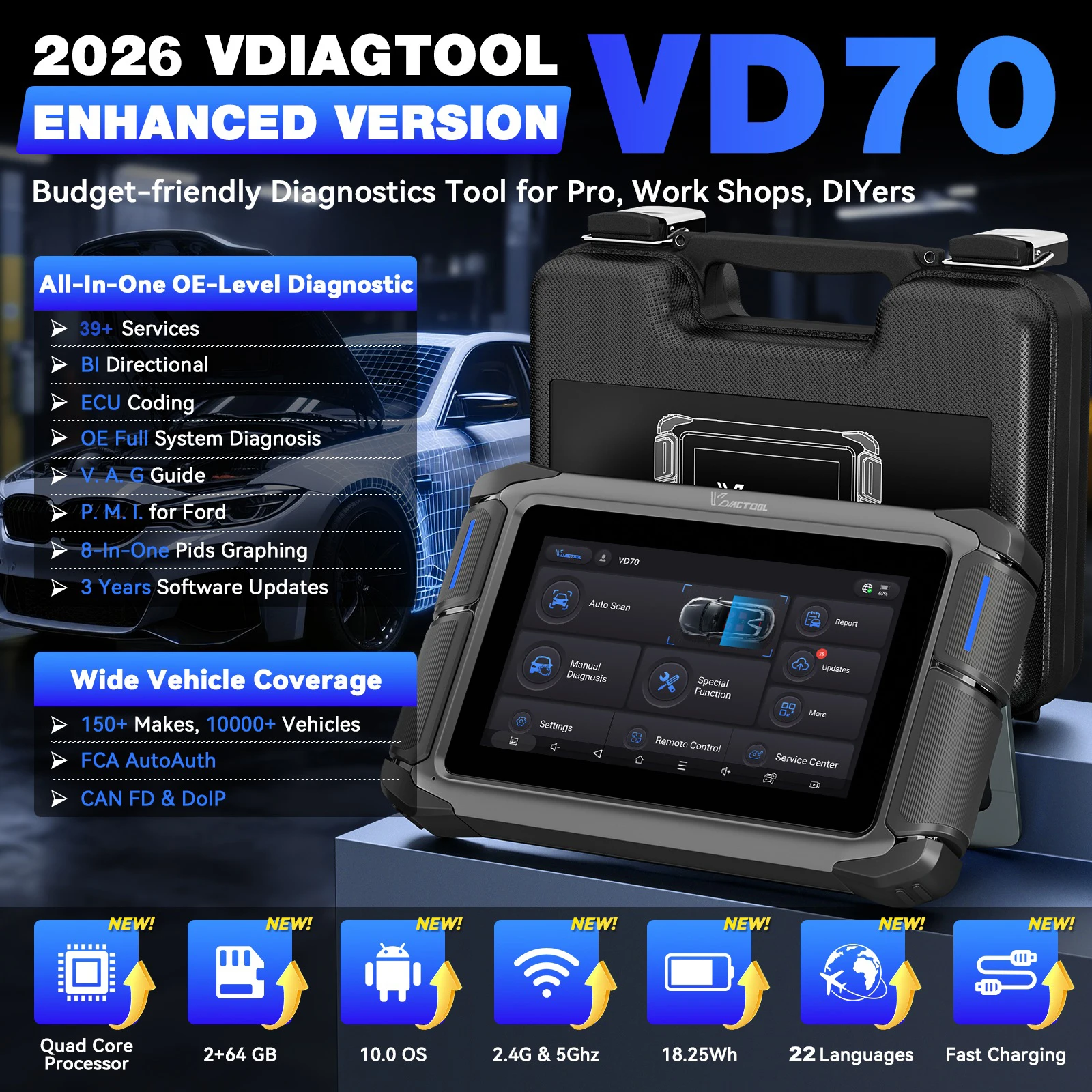 Фото Автосканер VDIAGTOOL VD70 OBD2 для диагностики автомобилей, программирования ЭБУ, с 39+ функциями сброса, поддержкой DOIP, программатор ключей FCA. №1