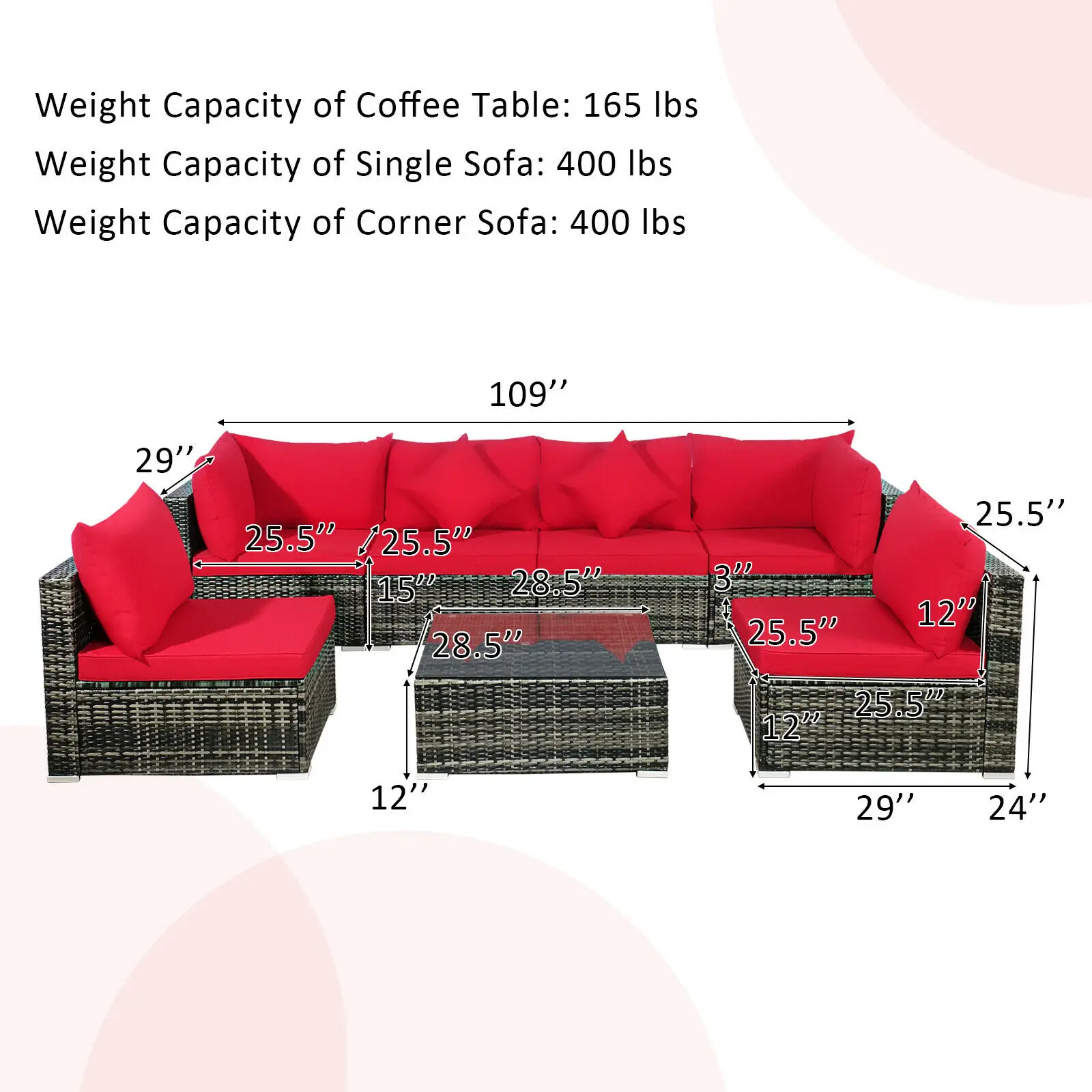 Комплект мебели из 7 предметов для патио из ротанга, секционный диван,садовая красная Подушка HW68058RE +