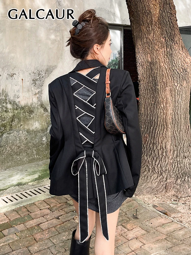 GALCAUR Black Bandage Cut Out Blazer For Women Notched Collar Long Sleeve Solid Minimalist Blazers Female Fashion Spring Clothes