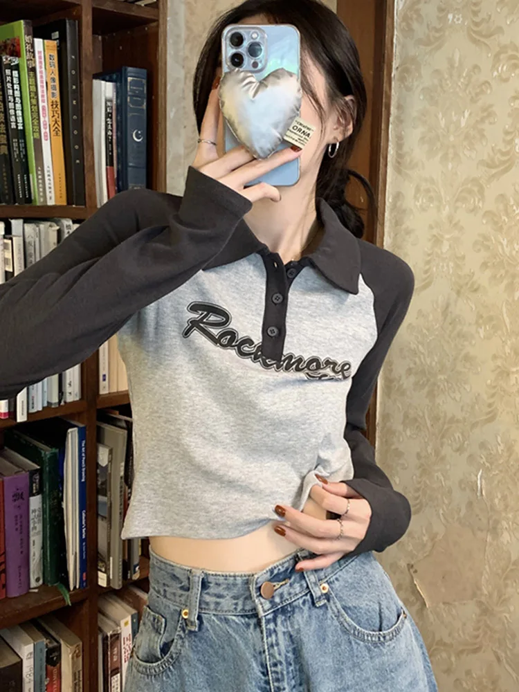 

Женский укороченный топ с отложным воротником, футболка с длинным рукавом и надписью, уличная одежда в американском стиле ретро, осень 2022