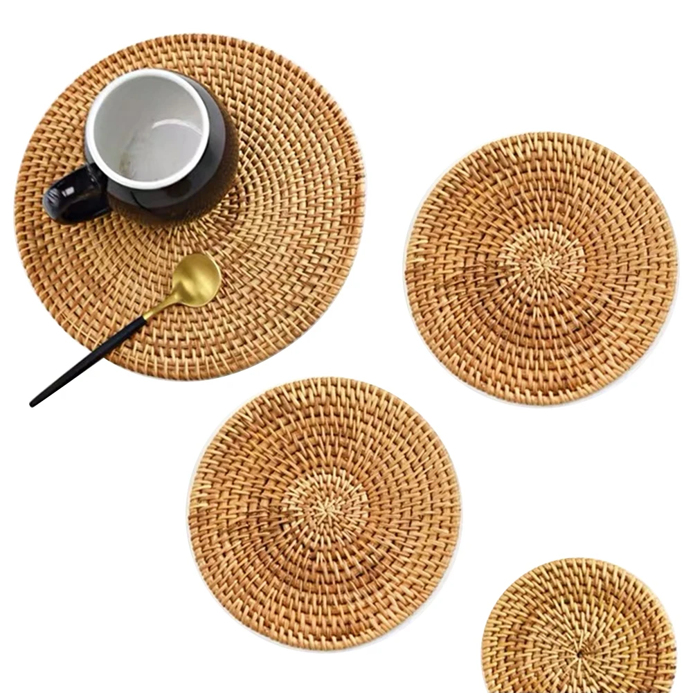 

6Pcs Natural Rattan Hot Pad Household Kitchen Bamboo Insulation Mat Dining Table Tea Table Round Cup Mat Set Restaurant Coasters