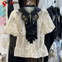 2022 summer new female korean style slim fit short sleeve shirt women fashion elegant 3d flower diamonds top hollow lace blouses