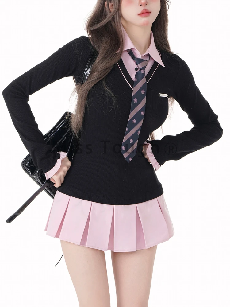 Зимнее милое мини-платье черного и розового цвета в стиле преппи женские платья