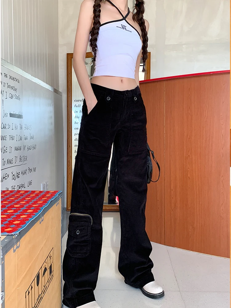 

High Quality Casual Straight Cargo Pants Women'S Autumn Winter New Corduroy Trousers Low Waist Wide-Leg Pants Women Clothing
