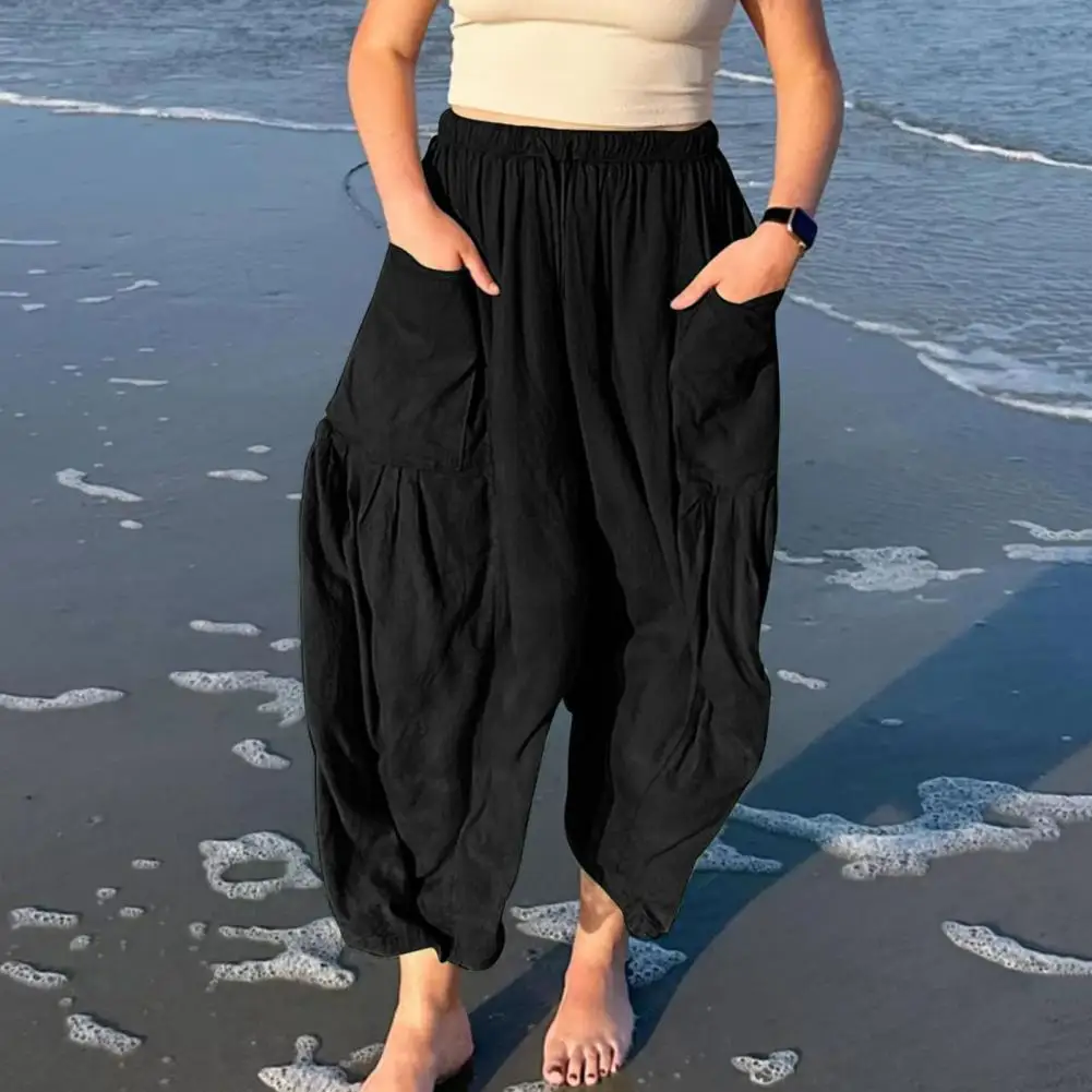 

Женские брюки, стильные женские брюки с широкими штанинами и эластичным поясом, с глубокими карманами, прямые модные брюки до щиколотки с высокой талией