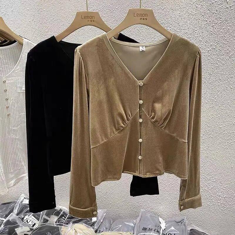 Fashion Women's Gold Velvet Shirt Long Sleeve T-shirt Button Cropped Top Korean Autumn Winter Coat Cheap Wholesale Slim Fit New images - 6