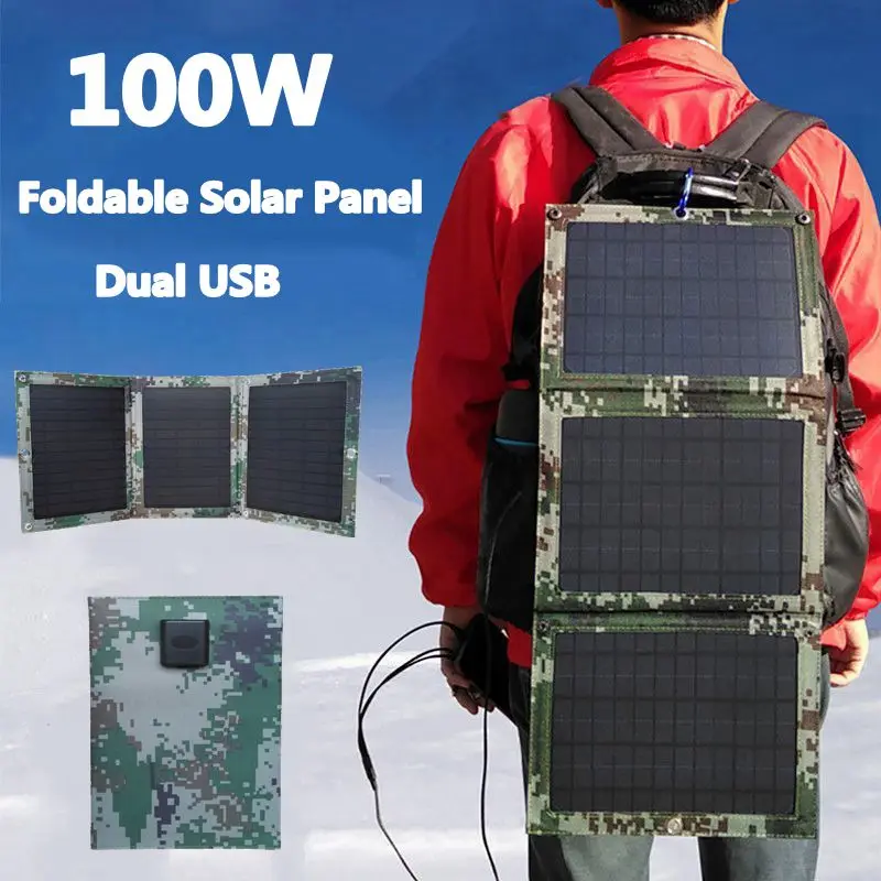 

100W/80W Foldable Dual USB Solar Panel Outdoor Folding Waterproof Solar Panel Charger Mobile Power Battery Charger+ 3 in 1 Cable