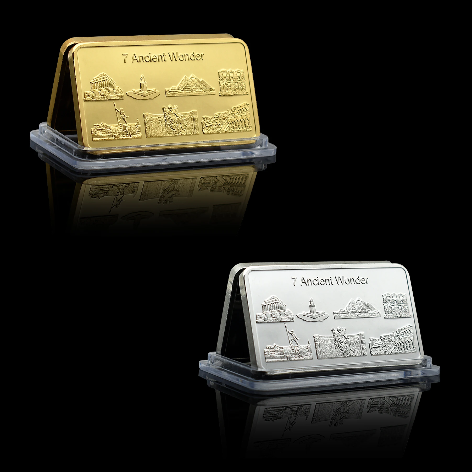 

2pcs Seven Wonders of The World Gold/silver Bar 7 Ancient Wonder Art Worth Collection Gold Plated Medal Token Seal