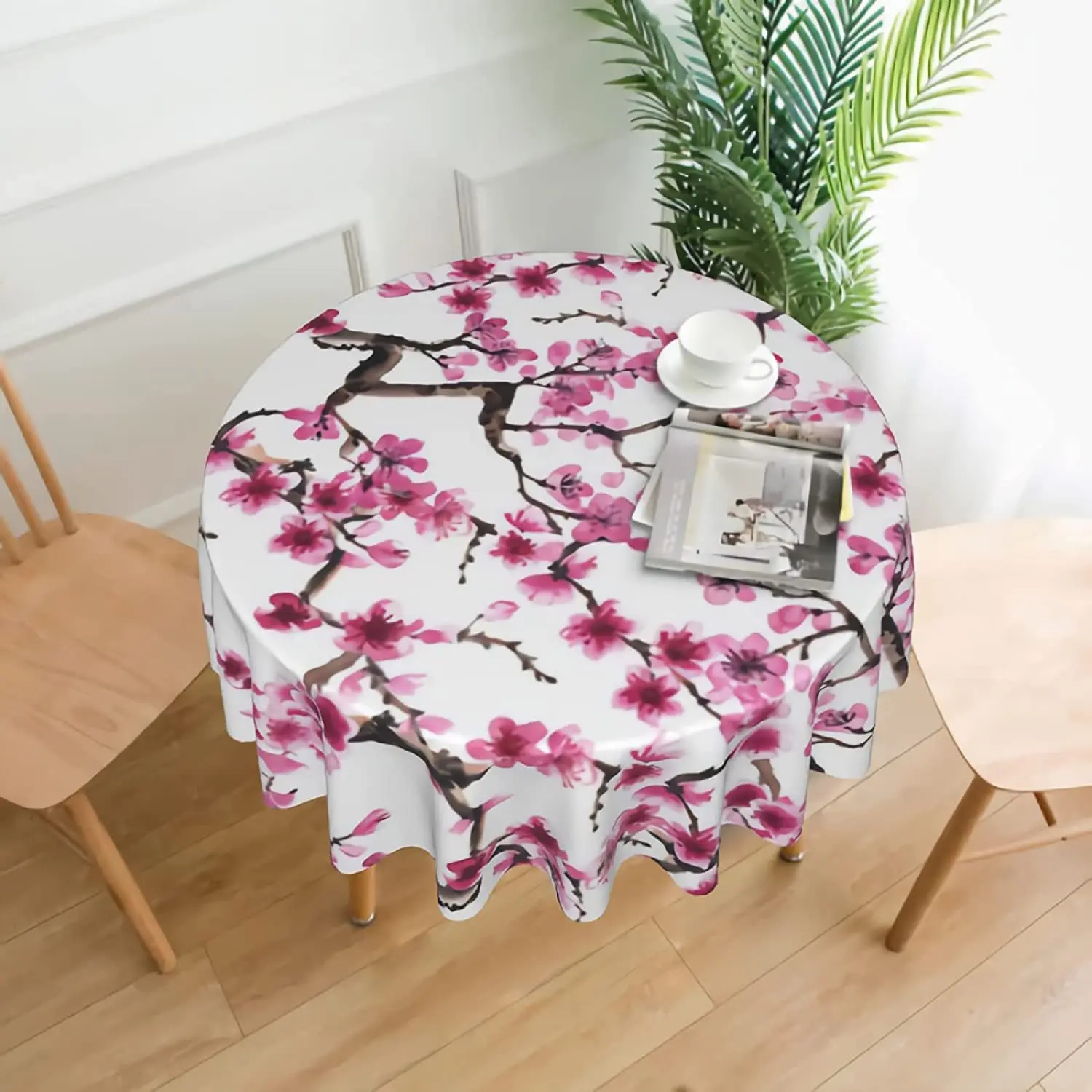 

Watercolor Sakura Flowers Round Tablecloth Table Cloth Cover Washable 60" Dining Decorative for Home Kitchen Party Wedding