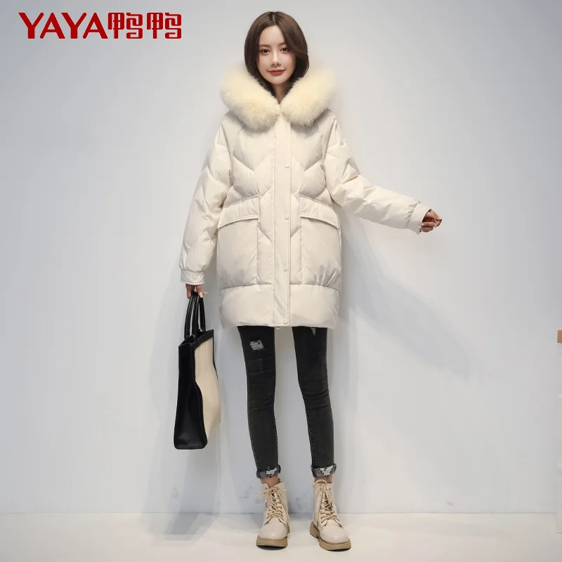 

New Down Jacket Women's Mid-Length Fox Big Fur Collar White Duck down Thickened Coat Fashionable off-Season