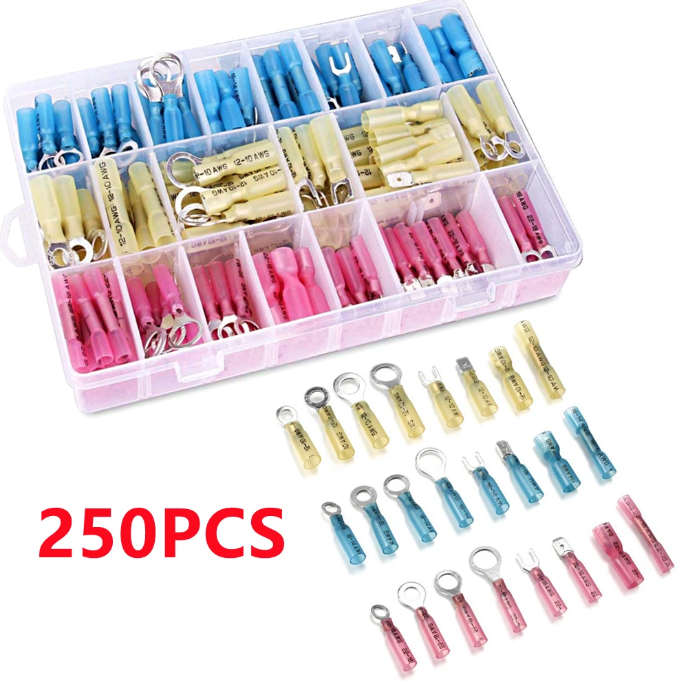 

250/120pcs Heat Shrink Wire Connectors Waterproof Electrical Cable Lug Terminals Kit Insulated Crimp Ring Fork Spade Butt Splice
