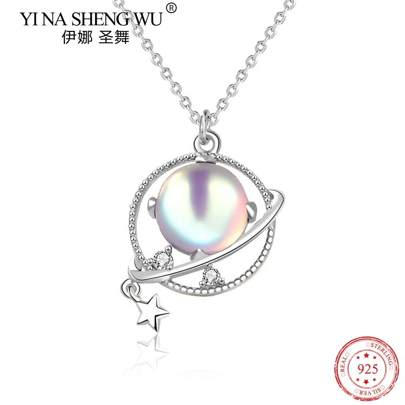 

Real S925 Sterling Silver Dream Planet Female Necklace Moonstone Ins Style Personality Fashion Creative Design Clavicle Chain