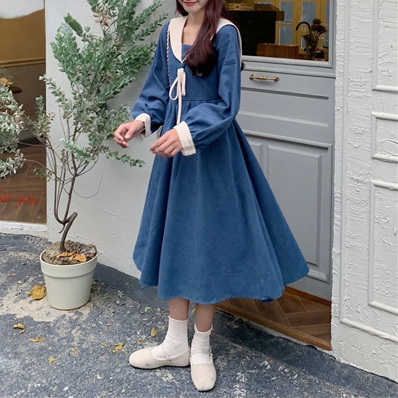 

Women Preppy Style Dress Lace-up Slim Long Sleeve Midi-dress Students Sailor Collar Vintage Corduroy Mori-girl Dresses Princess