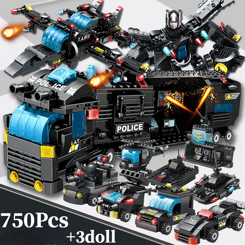 

750Pcs City Police Station Building Block SWAT Mobile Command Center Truck Building Airplane, Helicopter, Boat Toy for Boy
