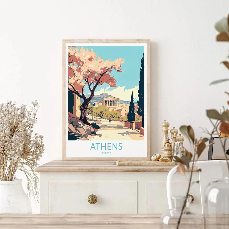 Ретро-постер для путешествий по городу Греции острову Санторини Голубой замок