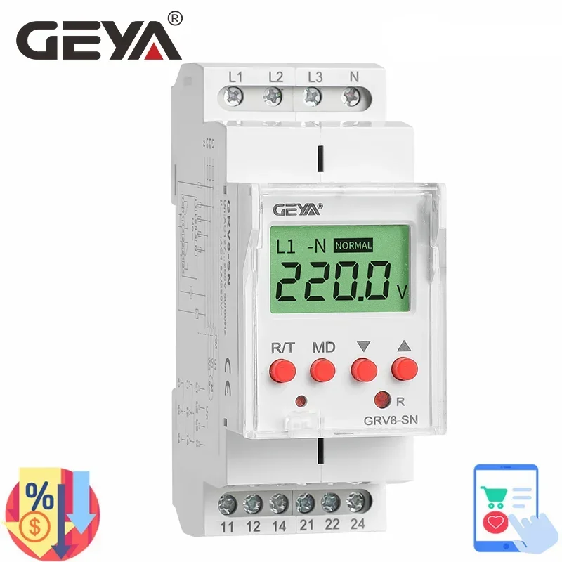 

GEYA GRV8-SN/SP Устройство защиты от пониженного напряжения с ЖК-цифровым дисплеем Реле напряжения 8А 70 В-650 В