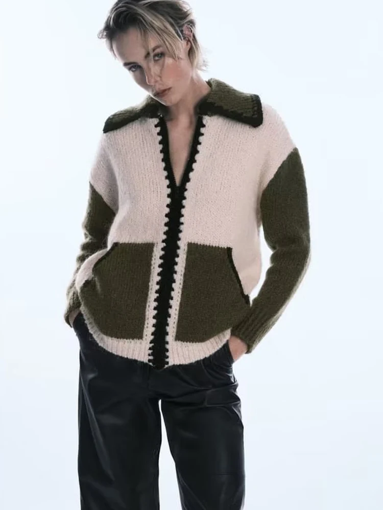 

SLTNX Women Fashion Patchwork Knit Jackets Female Long Sleeve with Pockets Thick Warm Winter Coat Ladies Loose Chic Coats