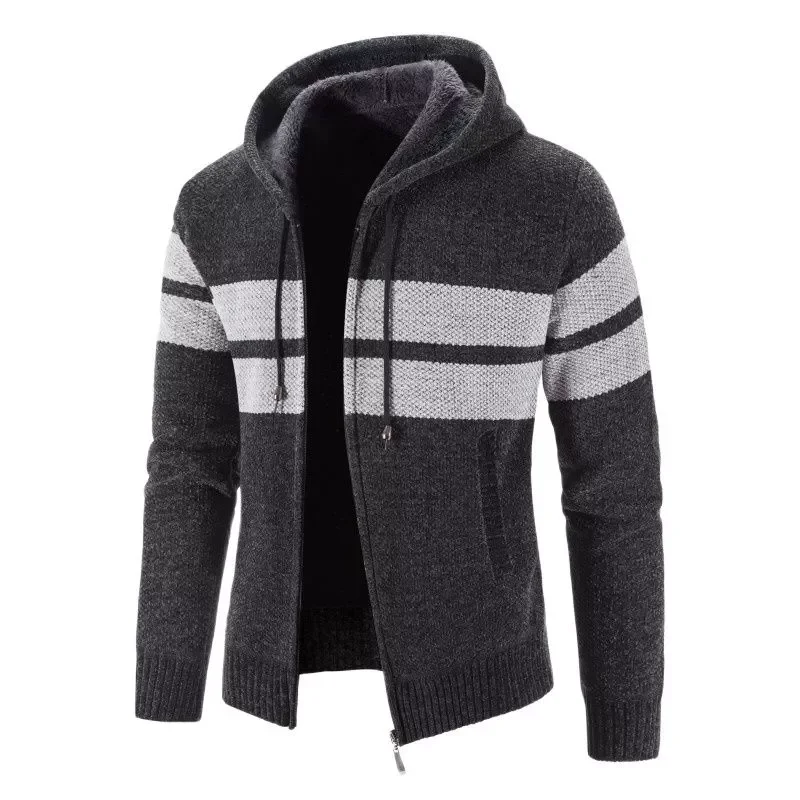 

2022NEW Men Hooded Fleece Sweater Outwear Winter Warm Sweatercoat Men Casual Stripe Hooded Cardigan Mens Knitted Sweater Coats