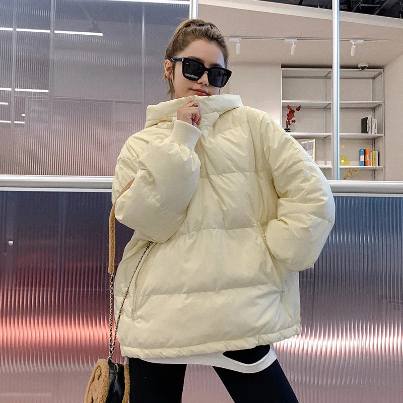 Sweatshirt style down jacket women's winter new pullover cropped hooded loose Korean version white duck down beige jacket